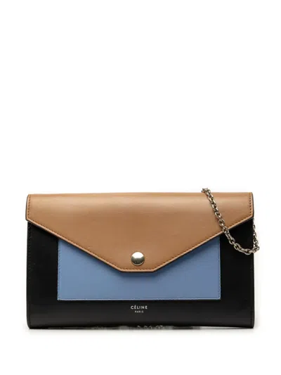 Pre-owned Celine 2016 Tricolor Leather Pocket Envelope Wallet On Chain Crossbody Bag In Black