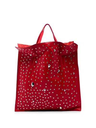 Pre-owned Celine 2017 Studded Lambskin Cabas Tote Bag In Red