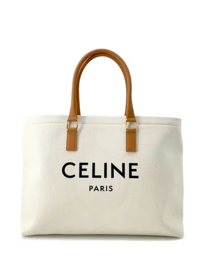 Pre-owned Celine 2018-2025 Canvas Logo Print Horizontal Cabas Tote Bag In White