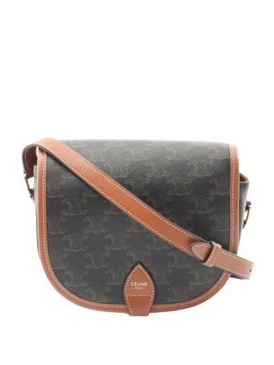 Pre-owned Celine 2018-2025 Medium Triomphe Coated Canvas Folco Crossbody Bag In Brown