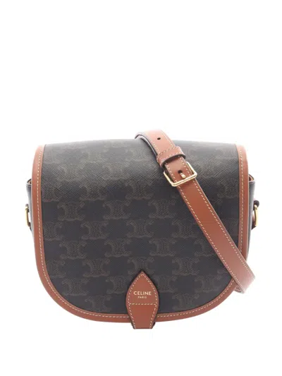 Pre-owned Celine 2018-2025 Medium Triomphe Coated Canvas Folco Crossbody Bag In Brown