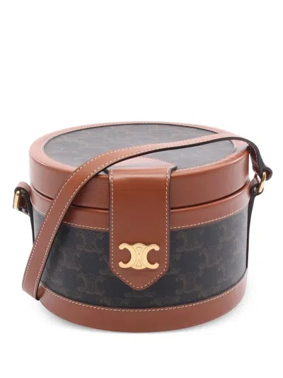 Pre-owned Celine 2018-2025 Medium Triomphe Coated Canvas Tambour Crossbody Bag In Brown