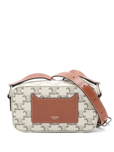 Pre-owned Celine 2018-2025 Mini Triomphe Coated Canvas Camera Bag Crossbody Bag In White
