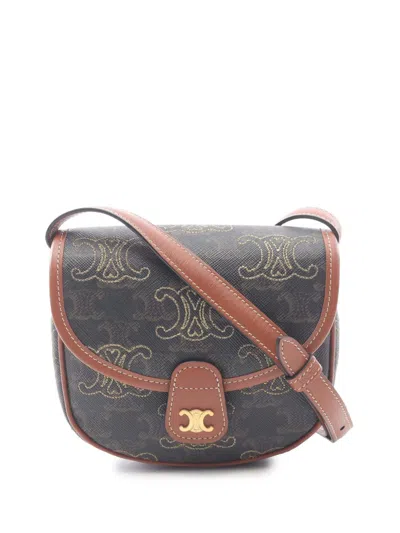Pre-owned Celine 2018-2025 Mini Triomphe Coated Canvas Embroidered Triomphe Heart Besace Crossbody Bag In Brown