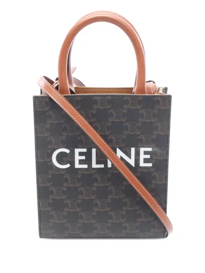 Pre-owned Celine 2018-2025 Mini Triomphe Coated Canvas Vertical Cabas Satchel In Brown