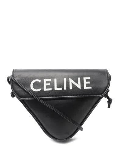 Pre-owned Celine 2018-2025 Smooth Calfskin Logo Triangle Crossbody Bag In Black