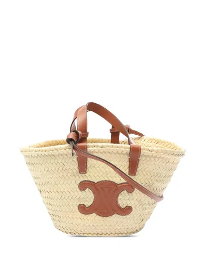 Pre-owned Celine 2018-2025 Teen Raffia Cuir Triomphe Classic Panier Tote Satchel In Brown