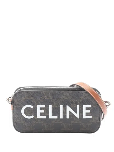 Pre-owned Celine 2018-2026 Triomphe Coated Canvas Logo Horizontal Pouch Crossbody Bag In Brown