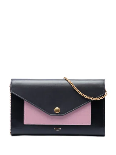 Pre-owned Celine 2018 Bicolor Leather Pocket Envelope Wallet On Chain Crossbody Bag In Black