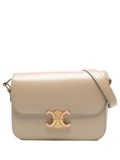 Pre-owned Celine 2018 Classique Shiny Calfskin Triomphe Crossbody Bag In Brown