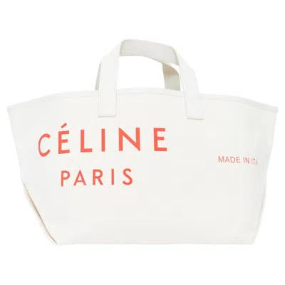 Pre-owned Celine 2018 Made In White Canvas Cream Leather Trim Small Red Logo Open Tote Bag