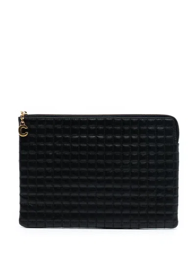 Pre-owned Celine 2018 Quilted Calfskin C Charm Pouch Clutch Bag In Black