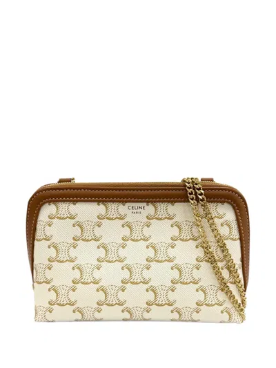 Pre-owned Celine 2018-2026 Triomphe Coated Canvas Clutch On Chain Crossbody Bag In White