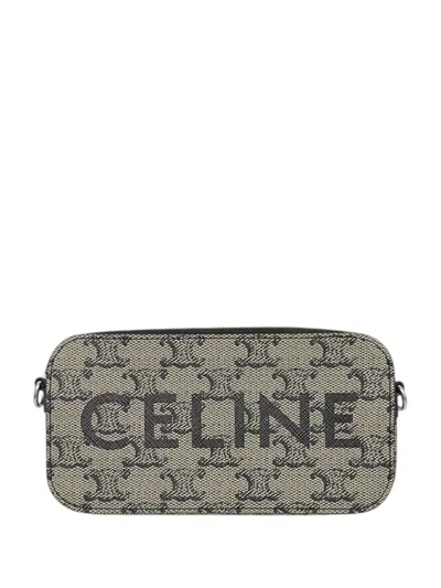Pre-owned Celine 2018-2026 Triomphe Coated Canvas Logo Horizontal Pouch Crossbody Bag In Neutrals