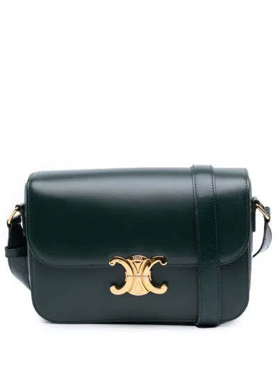 Pre-owned Celine 2019 Classique Shiny Calfskin Triomphe Crossbody Bag In Green