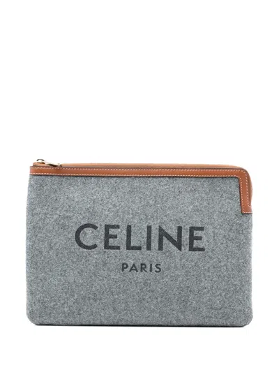 Pre-owned Celine 2019 Felt Logo Flat Pouch Clutch Bag In Brown