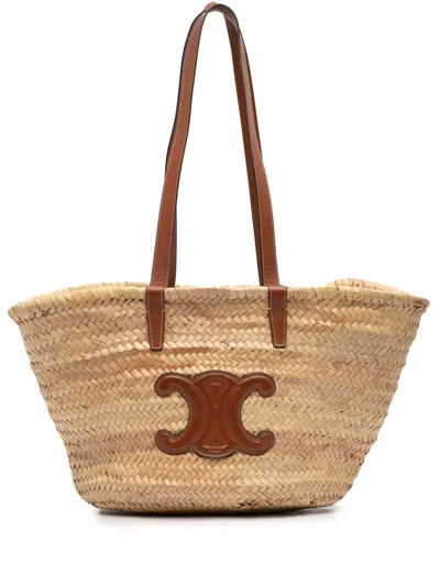 Pre-owned Celine 2019 Large Raffia Cuir Triomphe Classic Panier Tote Bag In Brown