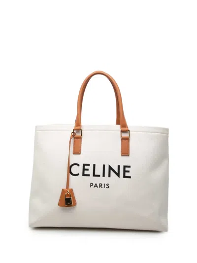 Pre-owned Celine 2019 Small Canvas Logo Print Horizontal Cabas Tote Bag In 褐色