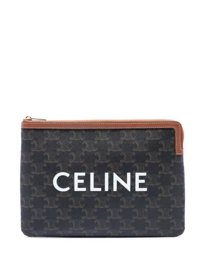 Pre-owned Celine 2019 Small Triomphe Coated Canvas Clutch Bag In Brown