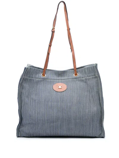 Pre-owned Celine 2019 Striped Textile And Calfskin Squared Cabas Tote Bag In Blue