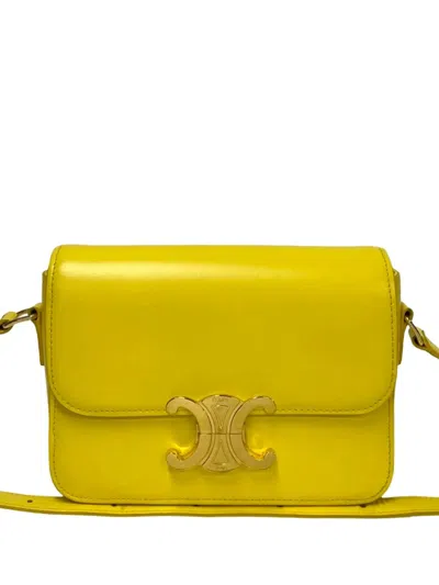 Pre-owned Celine 2019 Teen Shiny Calfskin Triomphe Crossbody Bag In Yellow