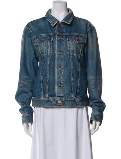 Pre-owned Celine 2019 X Christian Marclay Patch Distressed Denim Trucker Jacket In Blue