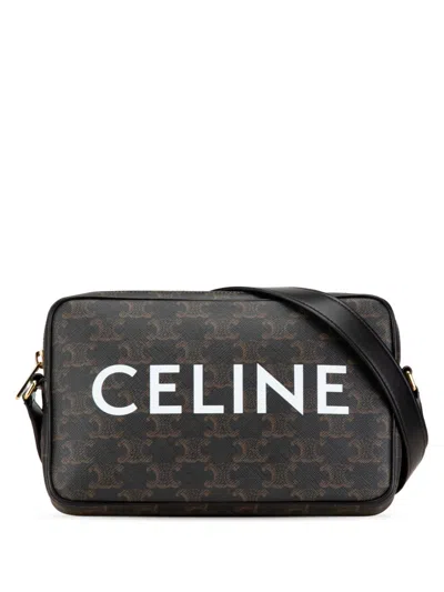Pre-owned Celine 2020-2024 Triomphe Coated Canvas Logo Crossbody Bag In Brown