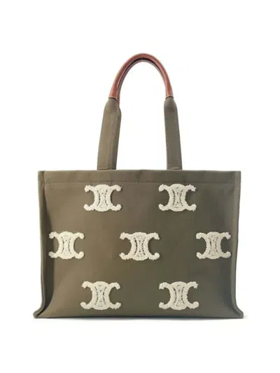 Pre-owned Celine 2020-2025 Large Canvas Triomphe Cabas Thais Tote Bag In Green