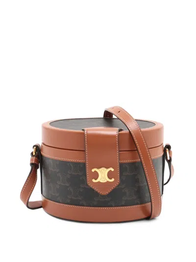 Pre-owned Celine 2020-2025 Medium Triomphe Coated Canvas Tambour Crossbody Bag In Brown