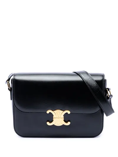 Pre-owned Celine 2020 Classique Shiny Calfskin Triomphe Crossbody Bag In Black