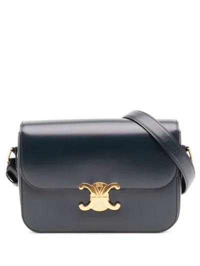 Pre-owned Celine 2020 Classique Shiny Calfskin Triomphe Crossbody Bag In Blue