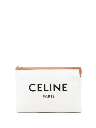 Pre-owned Celine 2020 Large Canvas Logo Clutch Bag In White