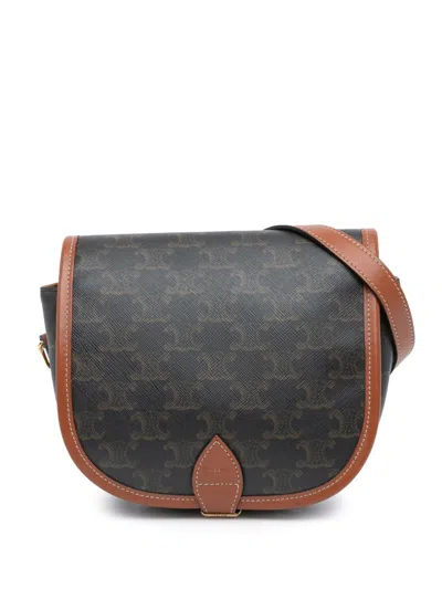 Pre-owned Celine 2020 Medium Triomphe Coated Canvas Folco Crossbody Bag In Brown