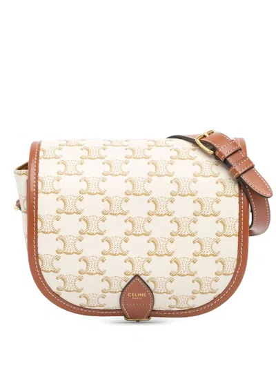 Pre-owned Celine 2020 Medium Triomphe Coated Canvas Folco Crossbody Bag In White