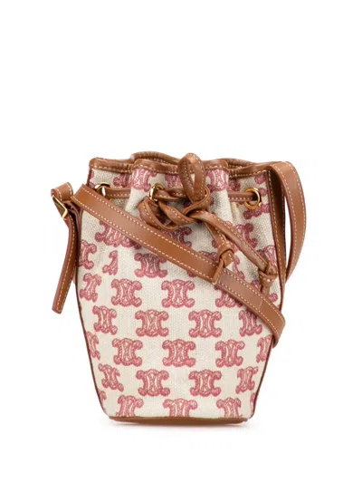Pre-owned Celine 2020 Micro Triomphe Embroidered Canvas Drawstring Bucket Bag In Brown