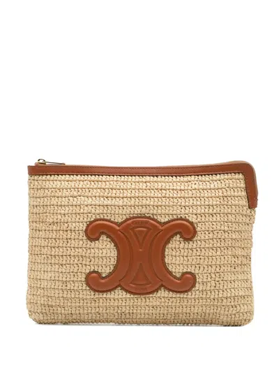 Pre-owned Celine 2020 Raffia Cuir Triomphe Zip Pouch Clutch Bag In Brown