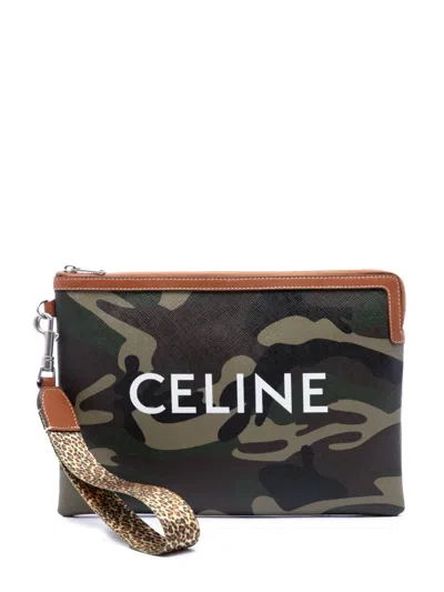 Pre-owned Celine 2020 Small Camouflage Coated Canvas Pouch With Strap Clutch Bag In Green