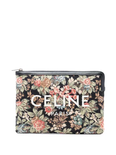 Pre-owned Celine 2020 Small Floral Tapestry Jacquard Calfskin Logo Pouch Clutch Bag In Black
