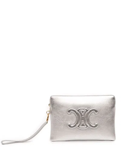 Pre-owned Celine 2020 Small Metallic Leather Cuir Triomphe Pouch In Silver