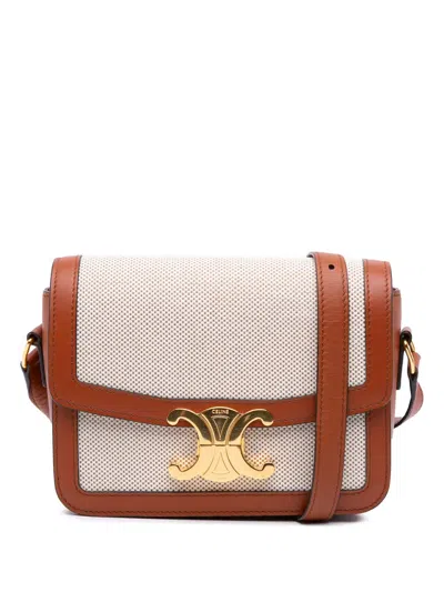 Pre-owned Celine 2020 Teen Canvas And Calfskin Triomphe Crossbody Bag In Brown