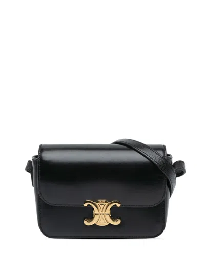 Pre-owned Celine 2020 Teen Shiny Calfskin Triomphe Crossbody Bag In Black
