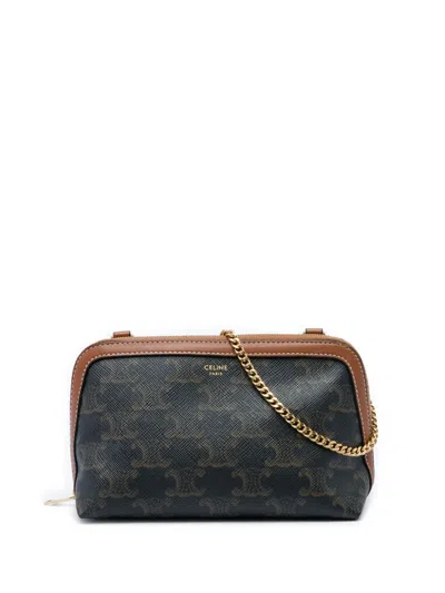 Pre-owned Celine 2020 Triomphe Coated Canvas Clutch On Chain Crossbody Bag In Brown