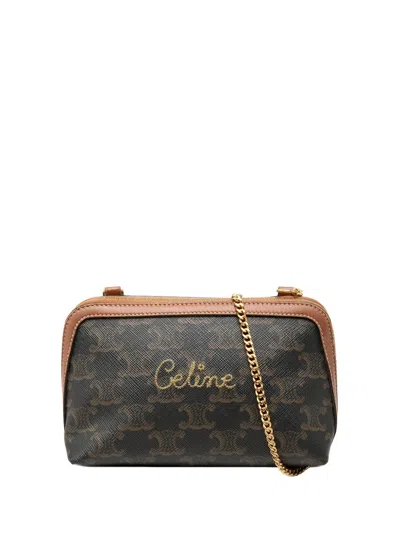 Pre-owned Celine 2020 Triomphe Coated Canvas Embroidered Logo Clutch On Chain Crossbody Bag In Brown