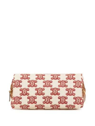 Pre-owned Celine 2020 Triomphe Embroidered Canvas Clutch On Chain Crossbody Bag In Brown