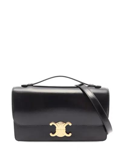 Pre-owned Celine 2020-2026 Medium Shiny Calfskin Triomphe Folio Bag Satchel In Black