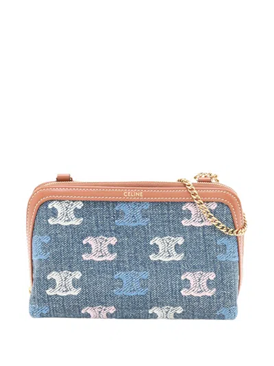 Pre-owned Celine 2020-2026 Triomphe Denim Clutch On Chain Crossbody Bag In Blue