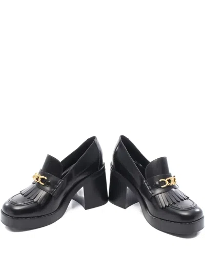 Pre-owned Celine 2020s 90mm Triomphe Fringe Leather Pumps In Black