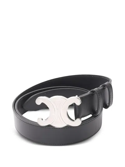 Pre-owned Celine 2020s Large Triomphe Leather Belt In Black