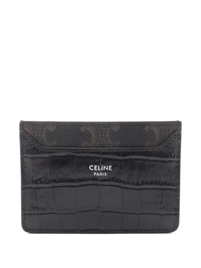 Pre-owned Celine 2020s Triomphe Crocodile-embossed Card Holder In Black