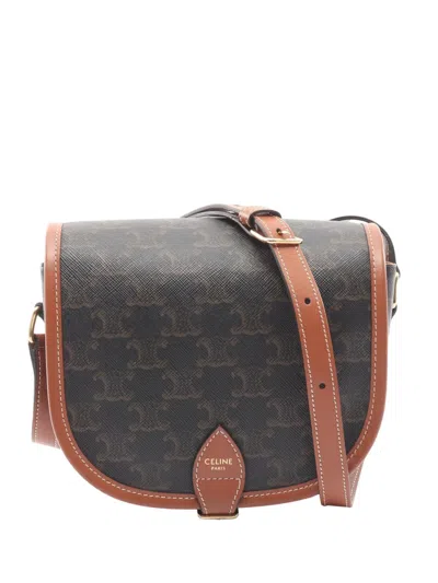 Pre-owned Celine 2021-2025 Medium Triomphe Coated Canvas Folco Crossbody Bag In Black